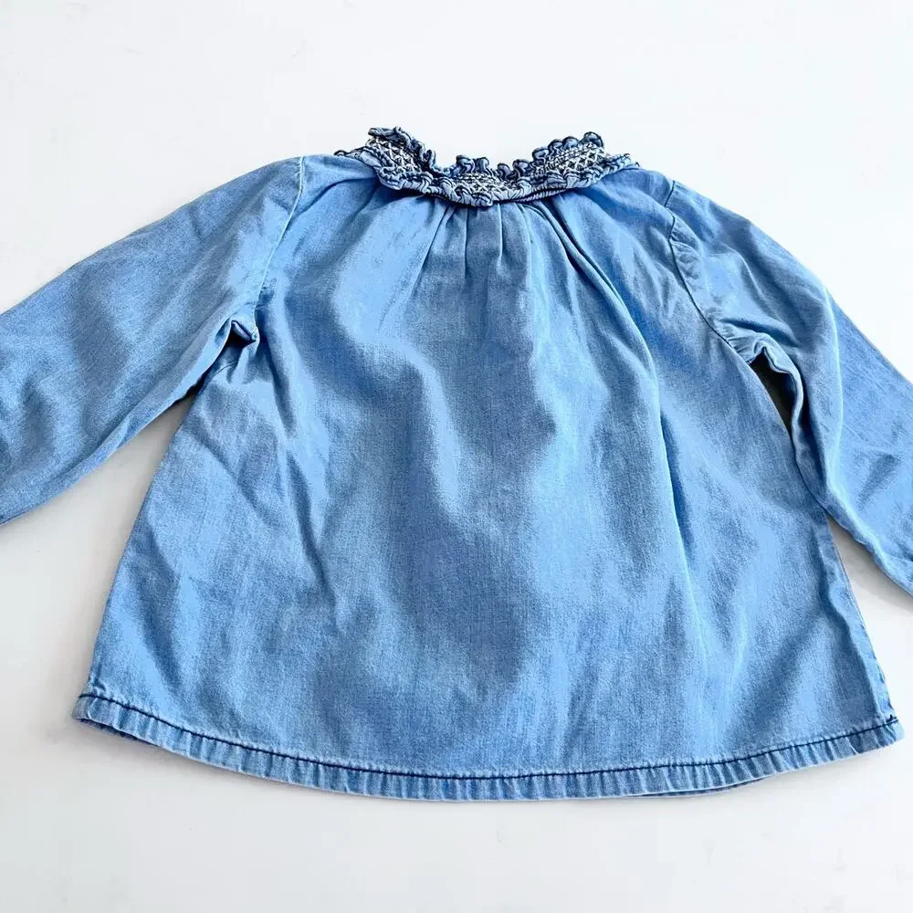 Zara girls blue denim chambray smocked top blouse size 9-12 months